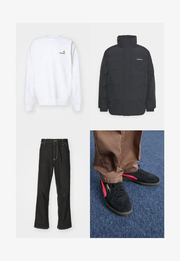 Black puffer jacket with a high collar, zip front, and elastic cuffs. Features a pocket and a small logo on the chest. Textured surface.; Carhartt WIP AMERICAN SCRIPT - Sweatshirt - white; Black denim jeans with a loose fit, featuring contrasting white stitching, a button closure, and a straight leg design.; Black suede sneakers with pink accents and standard laces. Features a textured black sole and a PUMA logo tag on one shoe.
