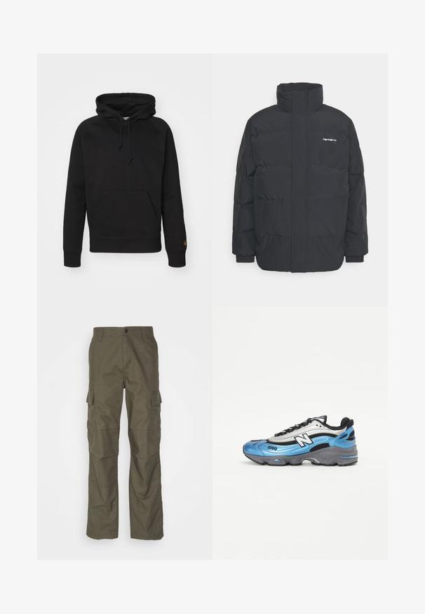 Czarna kurtka puchowa z wysoką kołnierzem, zamkiem z przodu i elastycznymi mankietami. Posiada kieszeń oraz małe logo na piersi. Teksturowana powierzchnia.; Czarna bluza z kapturem uszyta z miękkiego materiału, z przednią kieszenią, regulowanym sznurkiem i prążkowanymi mankietami. Gładka tekstura z minimalnymi detalami.; Oliwowe spodnie cargo o prostym kroju, wykonane z teksturowanej tkaniny. Posiadają duże boczne kieszenie oraz zapięcie na guzik.; Niebieskie i srebrne buty sportowe z siateczkowych i syntetycznych materiałów, z grubą szarością w podeszwie i wyraźnymi czarnymi akcentami. Widoczny numer modelu 1000.