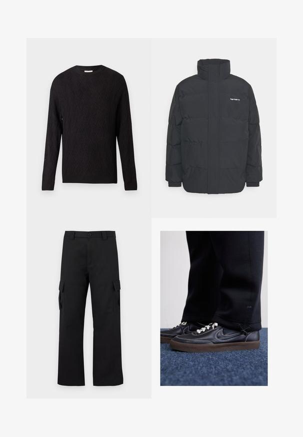 Mustam varrukas jope kõrge kaelusega, vipptõmblusega ja elastsete mansettidega. Omaduseks on tasku ja väike logo rinnal. Tekstuuritud pind.; Must musterniga, millel on chevron kudumimuster ning soonikud varrukate ja allääres, ümmargune kaelus, esitletud lihtsal valgel taustal.; Mustad mustad püksid sirge lõikega disainiga. Valmistatud vastupidavast kangast, millel on kaks külgtaskut klappidega ja nupuvajutusega esiosa.; Nike Sportswear KILLSHOT 2 LTR PRM OPP2 - Tossud - black sail baroque brown mtlc dk grey