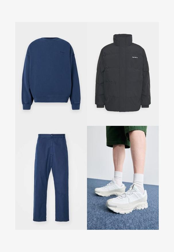 Melnā pūkainā jaka ar augstu apkakli, rāvējslēdzēja priekšpusi un elastīgām piedurknēm. Iespējama kabata un neliels logo uz krūtīm. Strukturēta virsma.; Tumši zilas krāsas džemperis, izgatavots no mīksta auduma, ar garām piedurknēm, apaļu kakla izgriezumu un ribotām malām pie piedurknēm un apakšmalas. Diskrēts logo uz muguras.; Jūras zilas, taisnas kājas bikses, izgatavotas no kokvilnas. Tām ir priekšējā pogu aizdare un smalks tekstūra, kā arī sānu kabatas un jostas cilpas.; Baltas sporta apavi ar teksturētām detaļām, masīvu zoli un pelēkiem akcentiem. Valkāti ar baltiem zeķu pēdu apģērbiem un zaļām šortiem uz zilas virsmas.