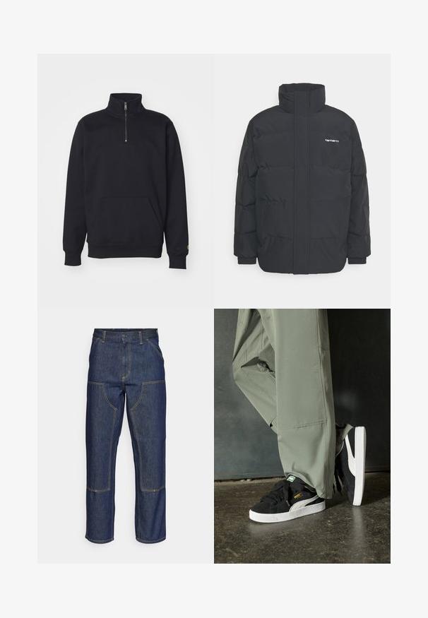 Melnā pūkainā jaka ar augstu apkakli, rāvējslēdzēja priekšpusi un elastīgām piedurknēm. Iespējama kabata un neliels logo uz krūtīm. Strukturēta virsma.; Melnas vilnas puszipa jaka ar augstu apkakli, ribotām aprocēm, kangauru kabatu un mazu zelta logotipa akcentu uz piedurknes.; Tumši zili džinsi ar augstu jostasvietu, taisnu kāju dizainu, kontrastējošām šuvēm un kabatām priekšā.; Melnas zamšādas sporta kurpes ar baltām gumijas zole un sānu svītrām, saskaņotas ar gaiši zaļām cargo biksēm, stāvot uz teksturētas tumšas virsmas.