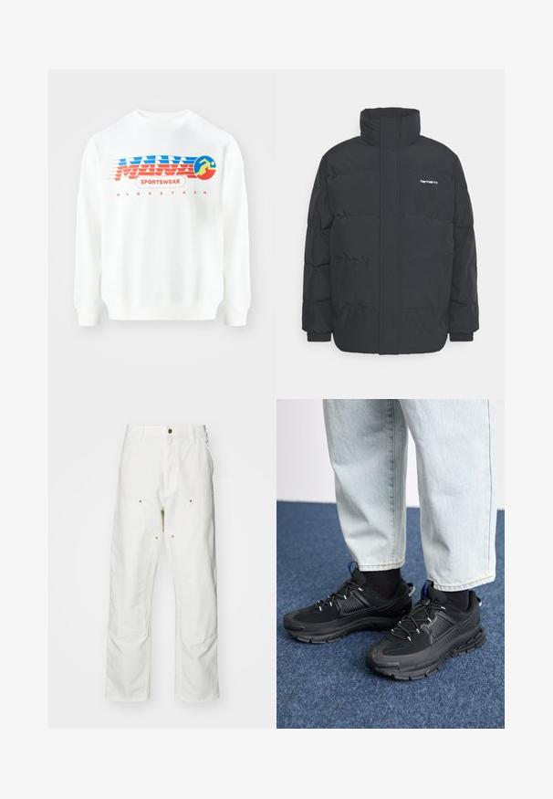 Črna puhasta jakna z visokim ovratnikom, z zadrgo spredaj in elastičnimi manšetami. Ima žep in majhen logotip na prsih. Teksturirana površina.; Bela dukserica s grafikonom v rdeči in modri barvi. Vsebuje besedilo "SPORTSWEAR" in krožno ikono tekača. Klasičen kroj, dolgi rokavi.; Bela bombažna cargo hlače z udobnim krojem. Značilnosti vključujejo sprednje žepe, zlato poudarjeno kovinsko opremo in ojačane kolenske dele.; Črne športne čevlje z teksturirano tkanino in gumijastimi podplati, ki imajo elastične vezalke ter modre poudarke na peti. Nosi se z lahkimi denim hlačami.