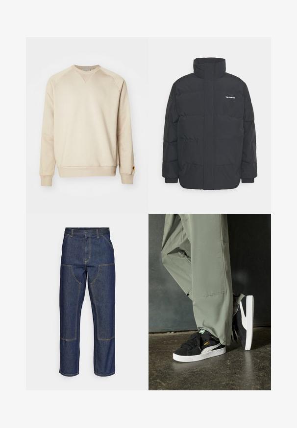 Črna puhasta jakna z visokim ovratnikom, z zadrgo spredaj in elastičnimi manšetami. Ima žep in majhen logotip na prsih. Teksturirana površina.; Bež bundo iz mehkega bombažnega blaga, z ribastimi manšetami in robom, raglan rokavi ter majhnim kovinskim logotipom na levem rokavu.; Temno modri kavbojke z visokim pasom, ravnim krojem, kontrastnim šivom in žepekami na sprednji strani.; Črne semšaste športne copate z belimi gumijastimi podplati in stranskimi črtami, v kombinaciji s svetlo zelenimi cargo hlačami, ki stojijo na teksturirani temni površini.