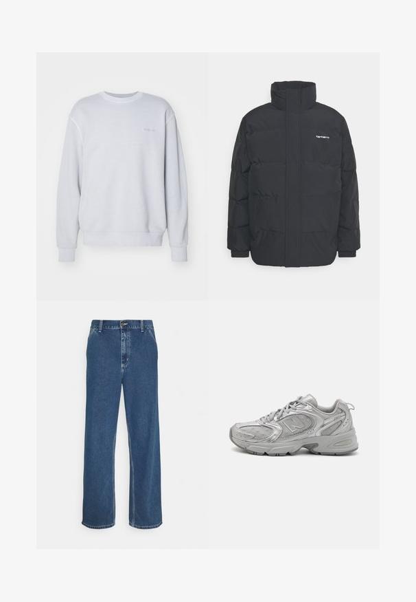 Chaqueta de plumas negra con cuello alto, cierre de cremallera frontal y puños elásticos. Cuenta con un bolsillo y un pequeño logo en el pecho. Superficie texturizada.; Sudadera gris claro de algodón, con cuello redondo, puños acanalados y un pequeño logo tonal en el pecho. Textura suave.; Vaqueros de mezclilla azul con corte recto, diseño de cinco bolsillos, cierre de botón metálico y costuras visibles a lo largo de las costuras y el dobladillo.; Zapatilla deportiva plateada con un diseño elegante, paneles de malla, lengüeta acolchada, parte superior sintética texturizada y suela de goma para tracción.