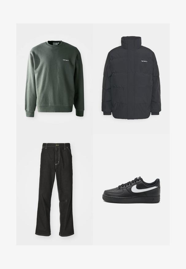 Czarna kurtka puchowa z wysoką kołnierzem, zamkiem z przodu i elastycznymi mankietami. Posiada kieszeń oraz małe logo na piersi. Teksturowana powierzchnia.; Ciemnozielona bluza wykonana z mieszanki bawełny, z okrągłym dekoltem, ściągaczami na rękawach oraz małym białym logo na lewej piersi.; Czarne dżinsy o luźnym kroju, z kontrastującymi białymi szwami, z zapięciem na guzik i prostą nogawką.; Czarne sneakersy Nike Air Force 1 z gładką skórzaną cholewką, białym akcentem logo, perforowanymi palcami oraz teksturowaną gumową podeszwą.