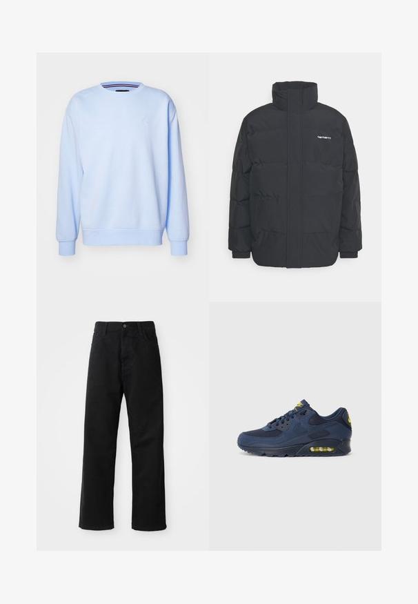 Černá zimní bunda s vysokým límcem, zipem vpředu a elastickými manžetami. Má kapsu a malé logo na hrudi. Texturovaný povrch.; Světle modrá mikina vyrobená z jemné tkaniny, s kulatým výstřihem, žebrovanými manžetami a malým logem vyšitým na hrudi.; Černé džínové kalhoty s rovný střih, s předními kapsami, zipovým zapínáním a jedním horním knoflíkem. Texturovaná látka s matným povrchem.; Tmavě modré tenisky Nike Air Max se svrškem z semiše a síťoviny, s žlutými akcenty, šněrováním vpředu a viditelným vzduchovým polstrováním v podrážce.