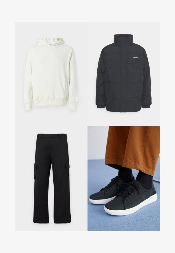 Čierna puffová bunda s vysokým golierom, zipom vpredu a elastickými manžetami. Obsahuje vrecko a malé logo na hrudi. Textúrovaný povrch.; Biely pulóver s kapucňou a dlhými rukávmi, predné vrecko, a jemne embosované logo na ľavej hrudi.; Čierne cargo nohavice so strihom rovného nohu. Vyrobené z odolnej látky, s dvoma bočnými vreckami so klopami a zapínaním na gombík.; Čierne zamatové tenisky s bielymi gumovými podrážkami, so šnurovacím dizajnom, textúrovanými akcentami a decentným brandingom, skombinované s hnedými nohavicami.