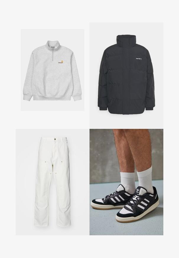 Black puffer jacket with a high collar, zip front, and elastic cuffs. Features a pocket and a small logo on the chest. Textured surface.; Light gray sweatshirt with a quarter-zip collar. Features ribbed cuffs and waistband, and a small orange and yellow logo on the chest.; White cotton cargo pants with a relaxed fit. Features include front pockets, gold hardware accents, and reinforced knee sections.; Black and white sneakers with a suede and leather upper, featuring three white stripes, a perforated toe, and a gum rubber sole.