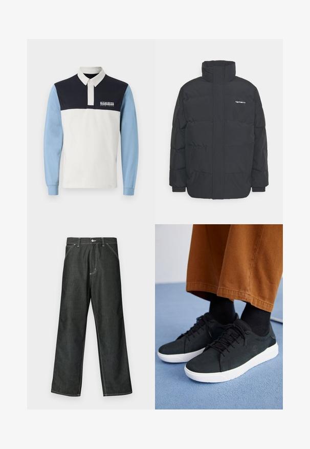 Čierna puffová bunda s vysokým golierom, zipom vpredu a elastickými manžetami. Obsahuje vrecko a malé logo na hrudi. Textúrovaný povrch.; Poloko s dlhým rukávom s bielym telom, námorníckym modrým ramenom a svetlomodrými rukávmi. Obsahuje golier a logo na hrudi.; Tmavomodré široké džínsy s bielym prešívaním, štandardným dizajnom s piatimi vreckami, kovovým zapínaním na gombík a rovnými lemami.; Čierne zamatové tenisky s bielymi gumovými podrážkami, so šnurovacím dizajnom, textúrovanými akcentami a decentným brandingom, skombinované s hnedými nohavicami.