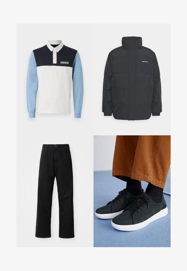 Čierna puffová bunda s vysokým golierom, zipom vpredu a elastickými manžetami. Obsahuje vrecko a malé logo na hrudi. Textúrovaný povrch.; Poloko s dlhým rukávom s bielym telom, námorníckym modrým ramenom a svetlomodrými rukávmi. Obsahuje golier a logo na hrudi.; Čierne denimové nohavice so rovným strihom, vystúpené predné vrecká, zips a jedno horné gombík. Štruktúrovaná tkanina s matným povrchom.; Čierne zamatové tenisky s bielymi gumovými podrážkami, so šnurovacím dizajnom, textúrovanými akcentami a decentným brandingom, skombinované s hnedými nohavicami.