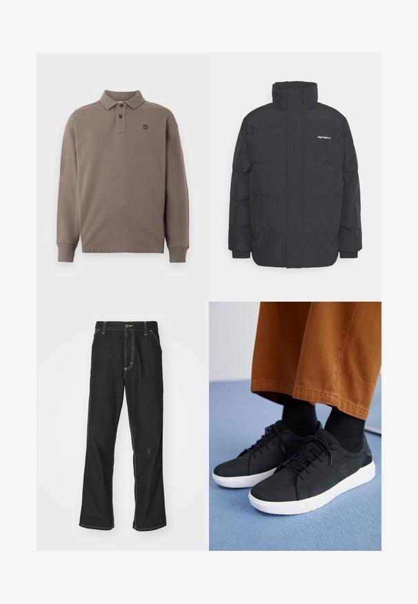 Černá zimní bunda s vysokým límcem, zipem vpředu a elastickými manžetami. Má kapsu a malé logo na hrudi. Texturovaný povrch.; Pánská polo košile s dlouhým rukávem v tmavě béžové barvě ze 100% bavlny, s dvouknoflíkovým zapínáním, žebrovanými manžetami a malým logem vyšitým na hrudi.; Černé denimové džíny s volným střihem, s kontrastním bílým prošíváním, zapínáním na knoflík a rovnými nohavicemi.; Černé semišové tenisky s bílými gumovými podešvemi, s šněrovacím designem, texturovanými detaily a jemným logem, spárované s hnědými kalhotami.