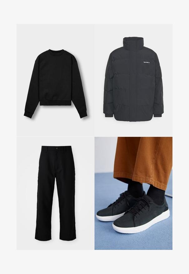 Jachetă puf black cu un guler înalt, închidere cu fermoar frontal și manșete elastice. Are un buzunar și un mic logo pe piept. Suprafață texturată.; Hanorac negru scurt, cu mâneci lungi, guler rotund și manșete ribbate. Prezintă o textură moale a materialului și un design minimalist.; Pantaloni negri cu picioare drepte, cu bucle pentru curea, cu închidere frontală cu nasture și fermoar, pe un fundal deschis și simplu.; Adidași negri din suede cu talpă din cauciuc albă, cu un design cu șireturi, accente texturate și branding subtil, asortați cu pantaloni maro.