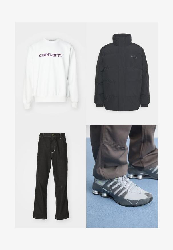 Mustam varrukas jope kõrge kaelusega, vipptõmblusega ja elastsete mansettidega. Omaduseks on tasku ja väike logo rinnal. Tekstuuritud pind.; Valge dressipluus ümarate kaeluste, soonikute ja alläärtega. Ees on lilla tikitud "carhartt." logo. Valmistatud pehmest kangast.; Mustadest denimist püksid, lahtise lõikega, kontrastsete valgete õmblustega, nööbiga kinnitamine ja sirge säär.; Hallid ja hõbe Nike Shox tennisetossud on varustatud elegantse disainiga, neil on võrkkangas ja sünteetilised materjalid, ümar varvas ja pehmendatud kaelus.