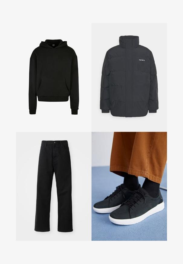 Mustam varrukas jope kõrge kaelusega, vipptõmblusega ja elastsete mansettidega. Omaduseks on tasku ja väike logo rinnal. Tekstuuritud pind.; Mustast kapuutsiga dressipluus, mis on valmistatud pehmest kangast, esipocketiga, ribatud varruke ja lõdva lõikega disain.; Mustadest denimist püksid sirge lõikega, mis sisaldavad ees taskuid, lukufliisi ja ühte ülemist nööpi. Tekstureeritud kangas mati viimistlusega.; Mustad suede spordijalatsid valge kummitaldaga, millel on paeltega kinnitamine, tekstuuriga aktsendid ja tagasihoidlik bränding, koos pruuni pükstega.