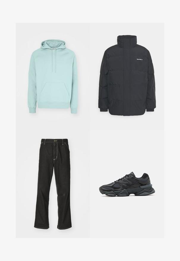 Crna puffer jakna s visokim ovratnikom, prednjim zatvaračem i elastičnim manžetama. Ima džep i mali logo na prsima. Teksturalna površina.; Hoodie u mint zelenoj boji napravljen od mekanog materijala s kengurskom džepom, podesivim kapuljačom i rebrastim manžetama i donjim rubom.; Crne traperice s opuštenim krojem, s kontrastnim bijelim šavovima, zakovicom za zatvaranje i ravnim nogavicama.; Crne trkačke tenisice izrađene od kombinacije mrežastih i sintetičkih materijala, s debelim potplatom, zakrivljenim dizajnom i istaknutim brendom sa strane.