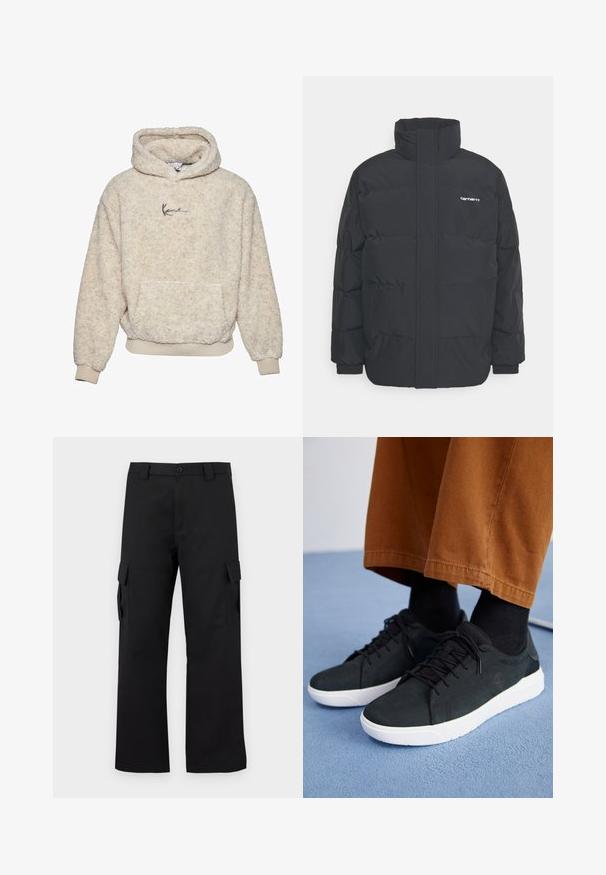 Sort pufferjakke med høj krave, lynlås foran og elastiske manchetter. Har en lomme og et lille logo på brystet. Tekstureret overflade.; Cremefarvet fleece pullover hoodie med en frontlomme, tætsiddende manchetter og en diskret logodetalje på brystet. Blød, tekstureret overflade.; Sorte cargo bukser med lige ben-design. Lavet af slidstærkt stof, med to sidelommer med klaplukninger og lukning med knap.; Sorte ruskinds sneakers med hvide gummisulder, med snørebånd-design, teksturerede detaljer og diskret branding, parret med brune bukser.