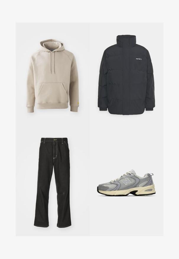 Giacca puffa nera con colletto alto, chiusura con zip frontale e polsini elastici. Presenta una tasca e un piccolo logo sul petto. Superficie testurizzata.; Felpa color khaki con una grande tasca frontale, polsini e orlo a coste. Presenta cordini regolabili e una vestibilità rilassata. Realizzata in tessuto morbido.; Jeans in denim nero con una vestibilità ampia, caratterizzati da cuciture bianche a contrasto, chiusura a bottone e un design a gamba dritta.; Scarpa sportiva in mesh grigia con suola crema, dotata di collare imbottito, lacci bianchi e un logo sottile sul lato. Accentuata da dettagli in lilla chiaro.