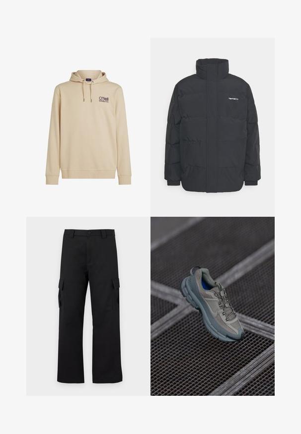 Czarna kurtka puchowa z wysoką kołnierzem, zamkiem z przodu i elastycznymi mankietami. Posiada kieszeń oraz małe logo na piersi. Teksturowana powierzchnia.; Beżowy hoodie z kapturem, wyposażony w kieszeń z przodu, kaptur ze sznurkiem i wyszywane logo O'Neill. Miękki materiał z ribbowymi mankietami i dołem.; Czarne spodnie cargo o prostym kroju. Wykonane z trwałej tkaniny, posiadają dwie boczne kieszenie z klapkami oraz zapięcie na guzik.; Beżowe i szare buty sportowe z teksturowaną siateczką, okrągłym noskiem i gumową podeszwą, z sznurówkami i wyściełanym kołnierzem.