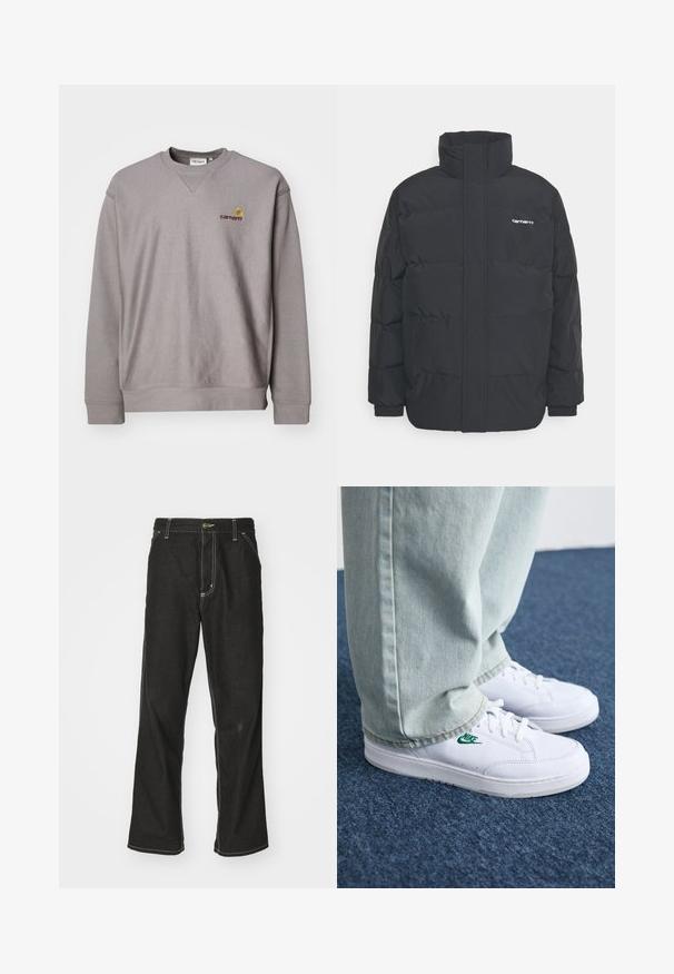 Fekete puffKabát magas nyakkal, cipzáros előlappal és rugalmas mandzsettával. Tartalmaz egy zsebet és egy kis logót a mellkason. Texturált felület.; Szürke pulóver kerek nyakkivágással, bordázott mandzsettákkal, és egy diszkrét, hímzett sárga és bordó logóval. Puha, texturált anyagból készült.; Fekete farmernadrág laza szabással, kontrasztos fehér varrással, gombos záródással és egyenes lábmegoldással.; Fehér bőr sportcipők zöld Nike logóval, kerek orral, lapos talppal, világoskék farmernadrággal párosítva, kék szőnyegen bemutatva.