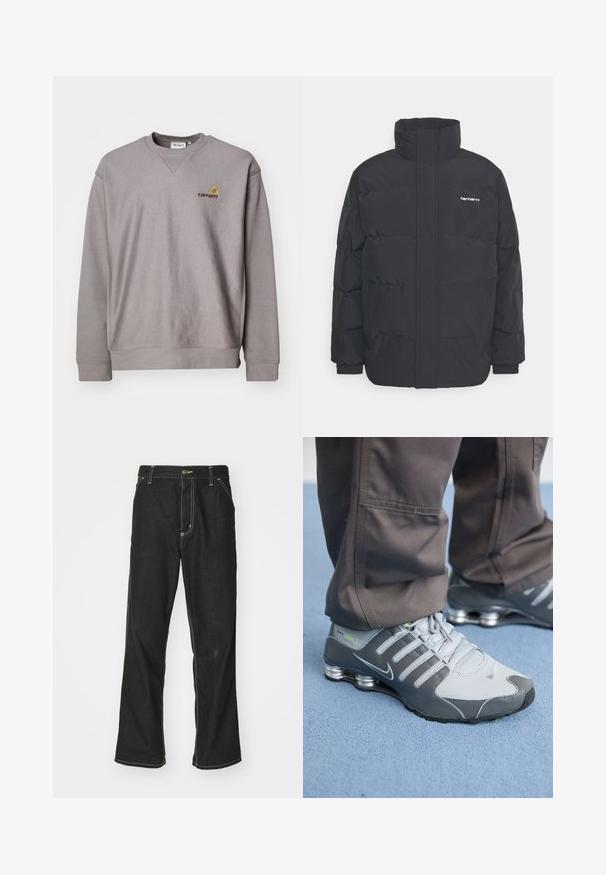 Juodas pūkinis švarkas su aukšta apykakle, užtrauktuku priekyje ir elastingomis rankovėmis. Yra kišenė ir mažas logotipas ant krūtinės. Tekstūruotas paviršius.; Pilkas sportinis džemperis su apvaliu iškirpimu, raštuotomis rankovėmis ir subtiliu geltonu bei bordo siuvinėtu logotipu. Pagamintas iš minkštos, tekstūruotos medžiagos.; Juodi džinsai su laisvu siluetu, turintys kontrastingas balto siūlo siūles, mygtuko uždarymą ir tiesų kojos dizainą.; Pilki ir sidabriniai Nike Shox sportiniai bateliai pasižymi elegantišku dizainu, pagaminti iš tinklinės ir sintetinės medžiagos, turi apvalų pirštą ir paminkštintą apykaklę.