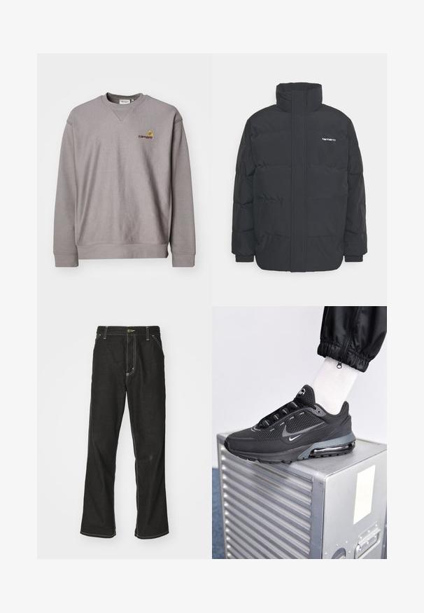 Czarna kurtka puchowa z wysoką kołnierzem, zamkiem z przodu i elastycznymi mankietami. Posiada kieszeń oraz małe logo na piersi. Teksturowana powierzchnia.; Szary sweter z okrągłym dekoltem, ściągaczami na rękawach i subtelnym logo w haftowanym żółtym i bordowym kolorze. Wykonany z miękkiego, teksturowanego materiału.; Czarne dżinsy o luźnym kroju, z kontrastującymi białymi szwami, z zapięciem na guzik i prostą nogawką.; Nike Sportswear PULSE czarny