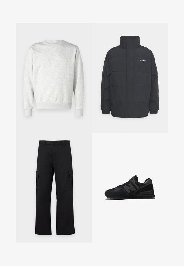 Schwarze Daunenjacke mit hohem Kragen, Reißverschluss vorne und elastischen Bündchen. Verfügt über eine Tasche und ein kleines Logo auf der Brust. Strukturiert Oberfläche.; Grauer Pullover aus weichem Stoff. Mit Rundhalsausschnitt, langen Ärmeln, gerippten Bündchen und gerippetem Saum. Einfaches, ungeschmücktes Design.; Schwarze Cargo-Hosen mit geradem Bein Design. Hergestellt aus strapazierfähigem Stoff, mit zwei Seitentaschen mit Klappen und einem Knopfverschluss.; Schwarzer Sneaker mit einem Obermaterial aus Wildleder und Mesh, dicker Sohle und auffälligem 'N'-Logo an der Seite. Strukturiertes Design mit Schnürverschluss.