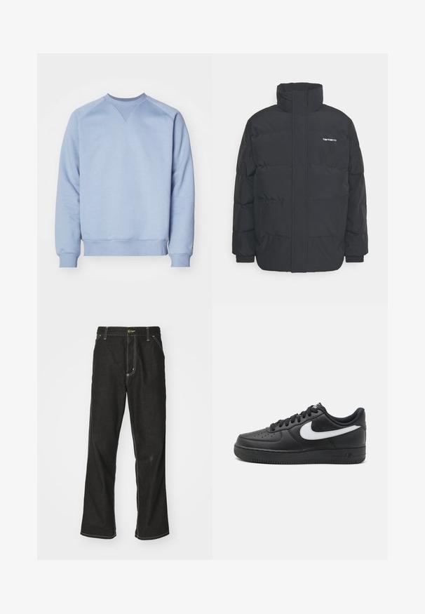 Czarna kurtka puchowa z wysoką kołnierzem, zamkiem z przodu i elastycznymi mankietami. Posiada kieszeń oraz małe logo na piersi. Teksturowana powierzchnia.; Jasnoniebieska bluza z bawełny. Posiada okrągły dekolt, ściągacze przy rękawach i na dole, a także trójkątny detal w szyciu przy dekolcie.; Czarne dżinsy o luźnym kroju, z kontrastującymi białymi szwami, z zapięciem na guzik i prostą nogawką.; Czarne sneakersy Nike Air Force 1 z gładką skórzaną cholewką, białym akcentem logo, perforowanymi palcami oraz teksturowaną gumową podeszwą.