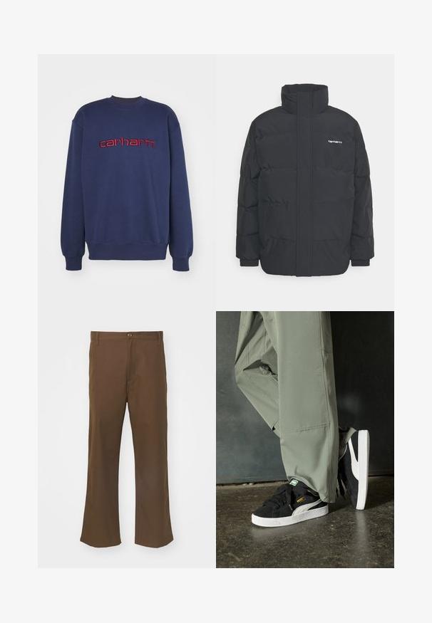 Melnā pūkainā jaka ar augstu apkakli, rāvējslēdzēja priekšpusi un elastīgām piedurknēm. Iespējama kabata un neliels logo uz krūtīm. Strukturēta virsma.; Tums zilas krūštura krekls, kas izgatavots no kokvilnas, ar apaļu kaklu un ribotām piedurknēm, kuras rotā sarkans izšūts "carhartt" logo krūšu daļā.; Brūni platā kājās bikses, kas izgatavotas no gludas auduma ar pogu aizdari, ar priekšējām kabatām un taisnām šuvēm gar kājām.; Melnas zamšādas sporta kurpes ar baltām gumijas zole un sānu svītrām, saskaņotas ar gaiši zaļām cargo biksēm, stāvot uz teksturētas tumšas virsmas.