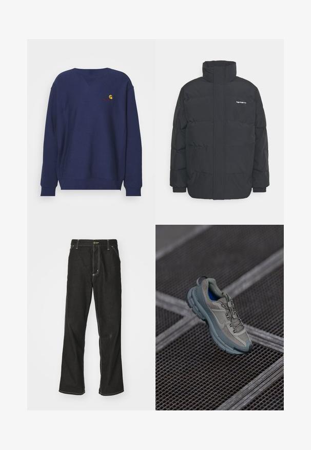 Casaco acolchoado preto com colarinho alto, fecho de correr à frente e punhos elásticos. Apresenta um bolso e um pequeno logótipo no peito. Superfície texturada.; Carhartt WIP AMERICAN SCRIPT - Camisola - air force blue; Calças de ganga pretas de corte largo, com costuras brancas em contraste, fecho de botão e design de perna reta.; Sapatilha atlética bege e cinza com parte superior em malha texturizada, ponta arredondada e sola de borracha, com atacadores e colarinho almofadado.