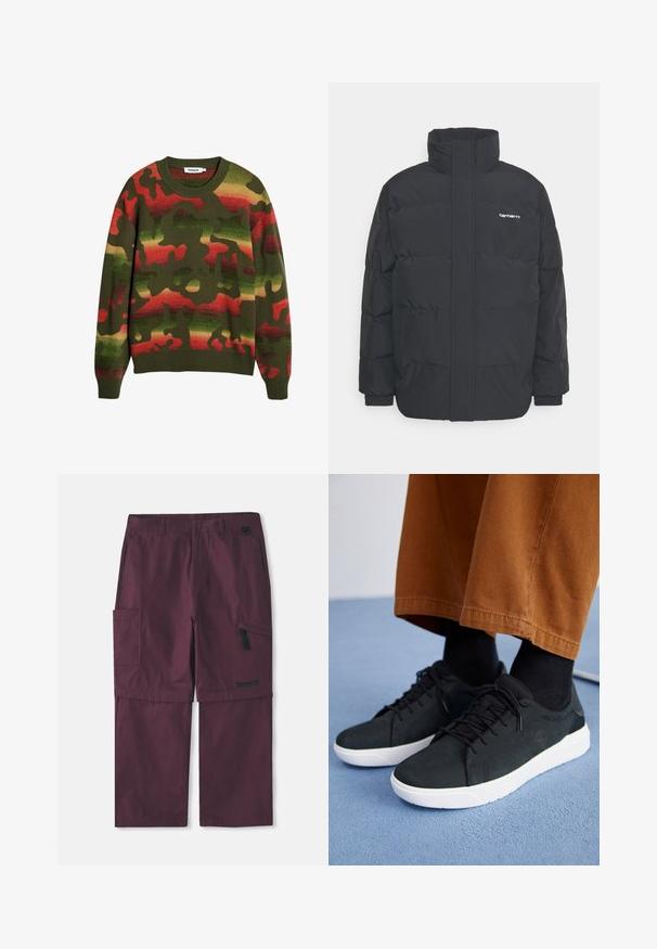 Mustam varrukas jope kõrge kaelusega, vipptõmblusega ja elastsete mansettidega. Omaduseks on tasku ja väike logo rinnal. Tekstuuritud pind.; Roheline kootud sviiter kamuflaažimustriga, millel on punased ja kollased aktsendid. Klassikaline ümberkaelus ja soonikkoes varrukate ning alläärega.; Burgundia värvi cargo muudetavad püksid külgpocketi ja Timberlandi logoga paremal jalal, pikendatud sisemise õmblusega.; Mustad suede spordijalatsid valge kummitaldaga, millel on paeltega kinnitamine, tekstuuriga aktsendid ja tagasihoidlik bränding, koos pruuni pükstega.
