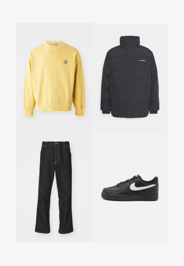 Fekete puffKabát magas nyakkal, cipzáros előlappal és rugalmas mandzsettával. Tartalmaz egy zsebet és egy kis logót a mellkason. Texturált felület.; Sárga pamut pulóver, kerek nyakkivágással, bordás mandzsettával és egy kis négyzet alakú logóval a bal mellen.; Fekete farmernadrág laza szabással, kontrasztos fehér varrással, gombos záródással és egyenes lábmegoldással.; Fekete Nike Air Force 1 tornacipő sima bőrből készült felsőrésszel, fehér logóval, perforált orral és texturált gumitalppal.