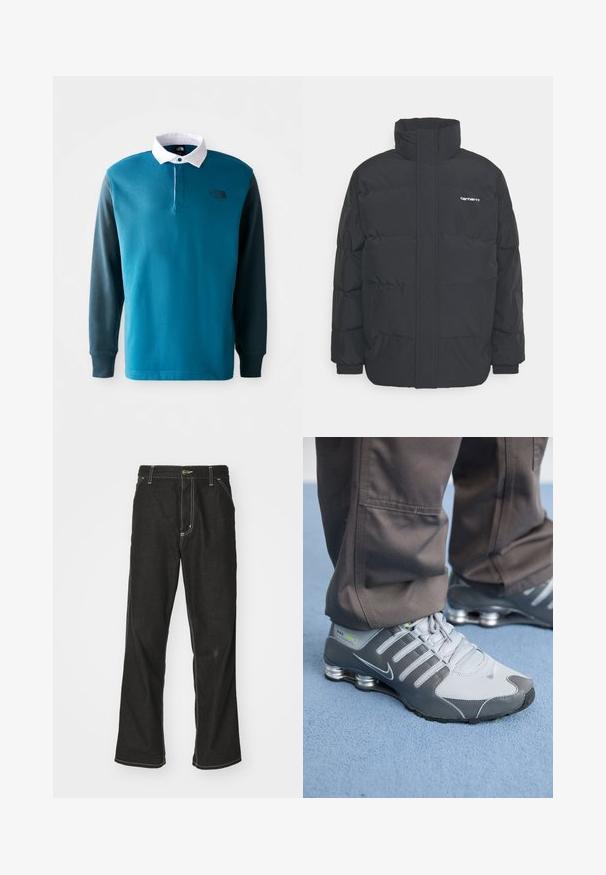 Czarna kurtka puchowa z wysoką kołnierzem, zamkiem z przodu i elastycznymi mankietami. Posiada kieszeń oraz małe logo na piersi. Teksturowana powierzchnia.; Koszulka polo z długim rękawem w kolorze turkusowym i ciemnozielonym, z białą kolonią, listwą guzikową oraz czarnym logo na klatce piersiowej. Materiał z mieszanki bawełny.; Czarne dżinsy o luźnym kroju, z kontrastującymi białymi szwami, z zapięciem na guzik i prostą nogawką.; Szare i srebrne sneakersy Nike Shox cechują się eleganckim designem, z siateczkowymi i syntetycznymi materiałami, zaokrąglonym noskiem oraz wyściełanym kołnierzem.