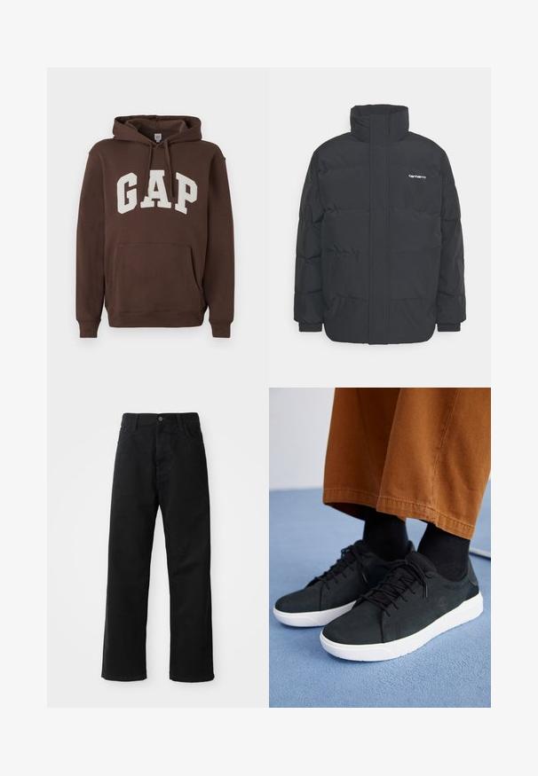 Juodas pūkinis švarkas su aukšta apykakle, užtrauktuku priekyje ir elastingomis rankovėmis. Yra kišenė ir mažas logotipas ant krūtinės. Tekstūruotas paviršius.; Rudas džemperis su "GAP" logotipu baltos spalvos, turintis priekinę kišenę, reguliuojamą kapucę bei gipiūrinę apykaklę ir rankogalius. Minkštas audinio tekstūra.; Juodo džinsinio audinio keliaraiščiai su tiesia iškarpa, turintys priekinės kišenes, užtrauktuką ir vieną viršutinį mygtuką. Audinys tekstūruotas, su matinio paviršiaus apdaila.; Juodi zomšiniai sneakeriai su baltais guminiais padais, su raištelių uždėjimo dizainu, tekstūruotais akcentais ir subtiliu prekių ženklu, derinami su rudomis kelnėmis.