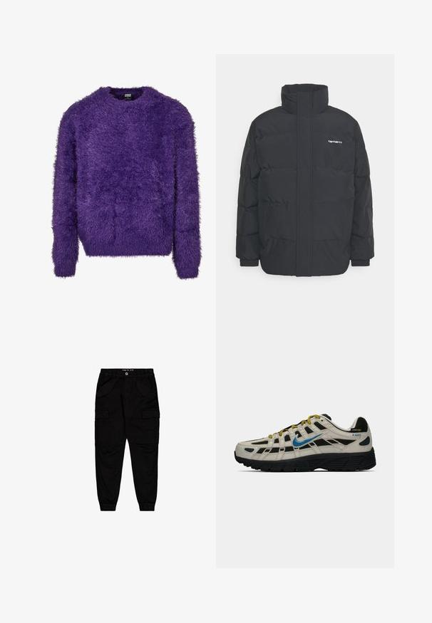 Schwarze Daunenjacke mit hohem Kragen, Reißverschluss vorne und elastischen Bündchen. Verfügt über eine Tasche und ein kleines Logo auf der Brust. Strukturiert Oberfläche.; Lila flauschiger Pullover mit rundem Ausschnitt und langen Ärmeln. Mit einer strukturierten, plüschigen Oberfläche und einem lässigen Schnitt.; Schwarze Cargo-Hosen aus Baumwolle, ausgestattet mit zwei Fronttaschen und zwei seitlichen Cargo-Taschen, mit elastischen Bündchen und einem elastischen Bund.; Beige und schwarze Nike P-6000 Sneaker mit blauen Swoosh, gelben Schnürsenkeln, schwarzem Profil und Cordura-Gewebelabel an der Ferse.