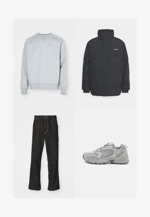 Černá zimní bunda s vysokým límcem, zipem vpředu a elastickými manžetami. Má kapsu a malé logo na hrudi. Texturovaný povrch.; Šedá mikina s designem do V, pružnými manžetami a lemem. Obsahuje malé žluté logo na levém rukávu. Měkká textura z bavlněné směsi.; Černé denimové džíny s volným střihem, s kontrastním bílým prošíváním, zapínáním na knoflík a rovnými nohavicemi.; Stříbrná sportovní obuv s elegantním designem, síťovinovými panely, polstrovaným jazykem, texturovaným syntetickým svrškem a gumovou podrážkou pro ochranu proti skluzu.