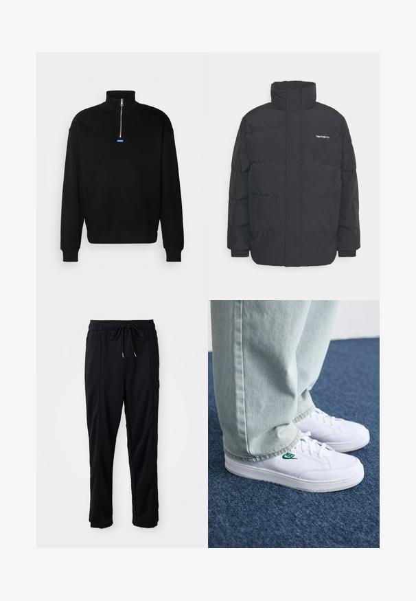 Fekete puffKabát magas nyakkal, cipzáros előlappal és rugalmas mandzsettával. Tartalmaz egy zsebet és egy kis logót a mellkason. Texturált felület.; Fekete pulóver kapucnis svédgaszövetből készült, magas nyakkal és fél cipzárral rendelkezik. A mellkason kék téglalap alakú logót mutat.; Fekete húzózsinóros, kényelmes nadrág oldalsó varrású zsebekkel és egyenes szabással, egyszínű háttéren.; Fehér bőr sportcipők zöld Nike logóval, kerek orral, lapos talppal, világoskék farmernadrággal párosítva, kék szőnyegen bemutatva.