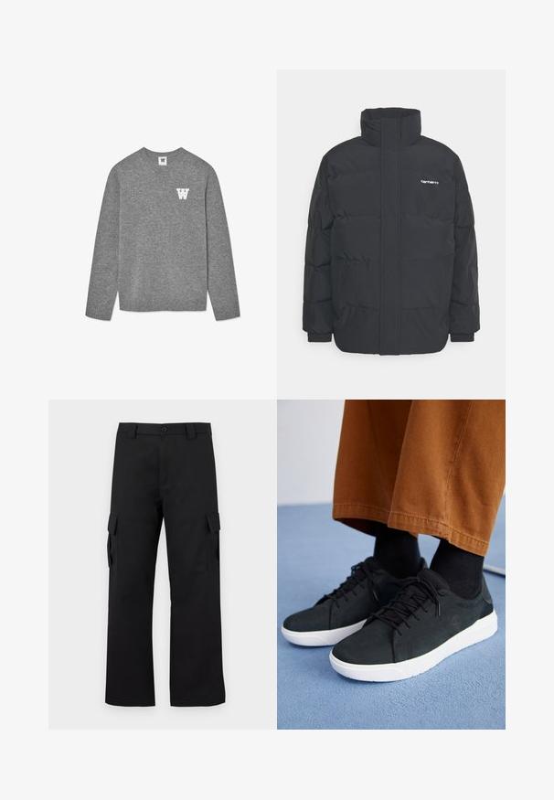 Musta puhvijaakku korkealla kauluksella, vetoketjukiinnitys edessä ja joustavat hihansuut. Varustettu taskulla ja pienellä logolla rintakehässä. Rakeinen pinta.; Harmaa neulepaita, jossa on pyöreä kaulus ja ribattuja hihansuita. Vasemmassa rinnassa on valkoinen kirjailtu "W"-kiri. Pehmeä rakenne.; Musta cargo-housut suoralla lahkeella. Valmistettu kestävästä kankaasta, jossa on kaksi sivutaskua läppäkiinnityksellä ja nappisuljenta.; Musta mokkanahkakengät valkoisilla kumipohjilla, joissa on nauhakiinnitys, teksturoituja yksityiskohtia ja huomaamatonta brändäystä, yhdistettynä ruskeisiin housuihin.