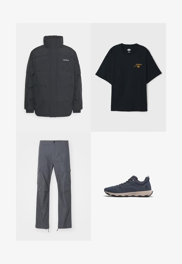Black puffer jacket with a high collar, zip front, and elastic cuffs. Features a pocket and a small logo on the chest. Textured surface.; Black cotton t-shirt, oversized design, short sleeves, featuring a yellow embroidered logo on the left chest. Smooth texture, casual style.; Gray cargo pants with a straight fit, multiple pockets, button closure, and adjustable cuffs at the hem. Made of durable, lightweight fabric.; Dark blue athletic shoes with a breathable mesh upper, rubber outsole, and beige midsole. Lace-up design with a pull tab at the heel.