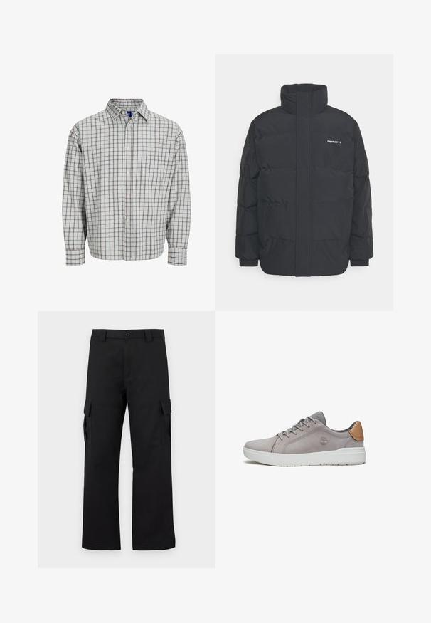 Svart pufferjacka med hög krage, dragkedja framtill och elastiska muddar. Har en ficka och en liten logotyp på bröstet. Texturerad yta.; Långärmad skjorta med knappar med ett ljusblått och brunt rutmönster, med en bröstficka och rundad krage. Blandmaterial av bomull.; Svarta cargobyxor med rak bendesign. Tillverkade av slitstarkt tyg, med två sidofickor med klaffstängningar och knappgylf.; Grå mockaskinnssneakers med meshdetaljer, vit gummisula och läderhälla i brunt. Har snörning och präglad logodetalj.