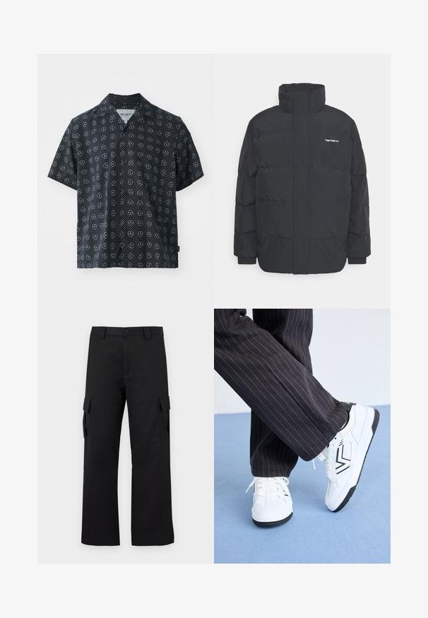 Schwarze Daunenjacke mit hohem Kragen, Reißverschluss vorne und elastischen Bündchen. Verfügt über eine Tasche und ein kleines Logo auf der Brust. Strukturiert Oberfläche.; Kurzarmhemd aus schwarzem Stoff mit weißen Punkte- und Herzmustern. Eingekerbter Kragen; lockerer Schnitt; leichte Textur.; Schwarze Cargo-Hosen mit geradem Bein Design. Hergestellt aus strapazierfähigem Stoff, mit zwei Seitentaschen mit Klappen und einem Knopfverschluss.; Weiße Sneaker mit schwarzen Akzenten und einem geometrischen Design. Auf einer blauen Fläche platziert, kombiniert mit dunkel gestreiften Hosen.