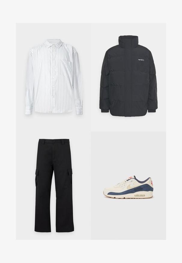 Musta puhvijaakku korkealla kauluksella, vetoketjukiinnitys edessä ja joustavat hihansuut. Varustettu taskulla ja pienellä logolla rintakehässä. Rakeinen pinta.; Pitkähiha, nappikauluspaita, valkoinen ohuilla punaisilla pystyraitoilla, pehmeä pinta, terävä kaulus ja vasemmalla puolella rintatasku.; Musta cargo-housut suoralla lahkeella. Valmistettu kestävästä kankaasta, jossa on kaksi sivutaskua läppäkiinnityksellä ja nappisuljenta.; Tennarit, joissa on kermanvärinen nahka ja merimiessininen mokka päällinen, näkyvällä ilmasoolalla, beige kumipohja ja punainen yksityiskohta kantapäässä.