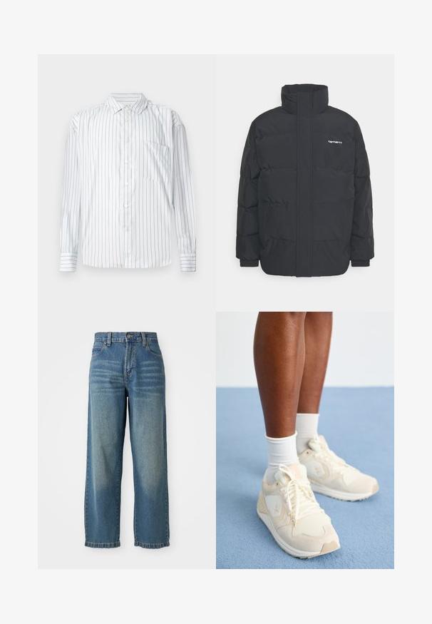 Crna puffer jakna s visokim ovratnikom, prednjim zatvaračem i elastičnim manžetama. Ima džep i mali logo na prsima. Teksturalna površina.; Košulja dugih rukava, bijela s tankim crvenim vertikalnim prugama, meke teksture, s oštrim ovratnikom i lijevim džepom na prsima.; Svijetloplave široke traperice s visokim strukom, pet džepova i blago izblijeđenim završetkom. Imaju kopčanje na gumb i patentni zatvarač.; Svijetlosmeđi atletski tenisice s mrežastom i suđenom teksturom. Imaju logo, vezanje na vezice i mekanu đon. Nosite ih s bijelim čarapama.