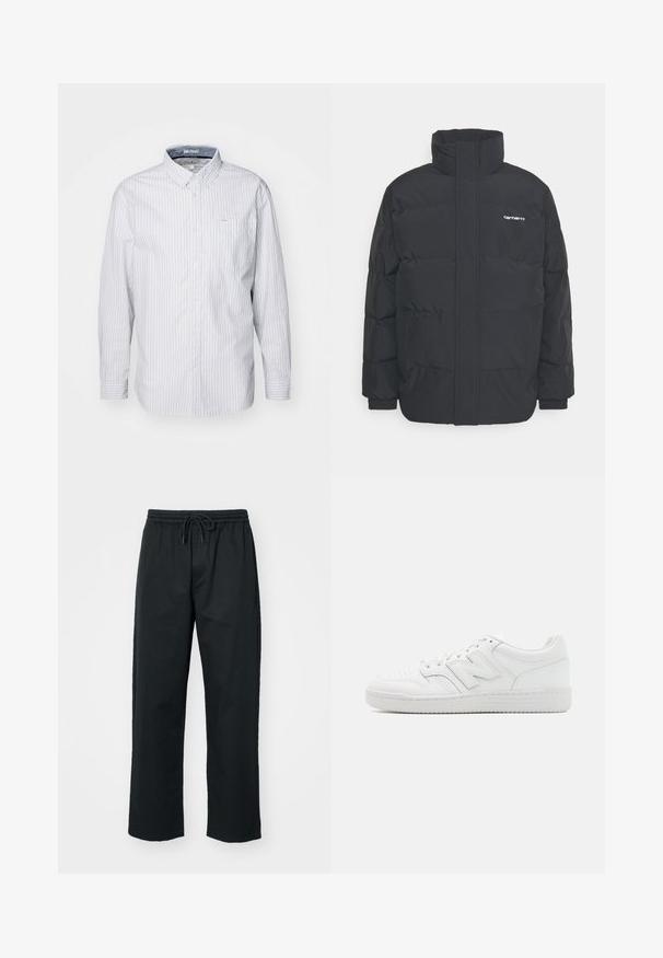 Juodas pūkinis švarkas su aukšta apykakle, užtrauktuku priekyje ir elastingomis rankovėmis. Yra kišenė ir mažas logotipas ant krūtinės. Tekstūruotas paviršius.; Šviesiai mėlynas ilgomis rankovėmis marškiniai su baltais dryžiais. Turi apykaklę, krūtinės kišenę ir glotnų medvilninį audinį.; Converse STRAIGHT LEG PANTS - Kelnės - black; Balti sportbačiai, pagaminti iš lygaus odos, su perforuota nosimi, tekstūruotu guminiais padais, plokščiomis raištelėmis ir ryškiu 'N' logotipu šone.