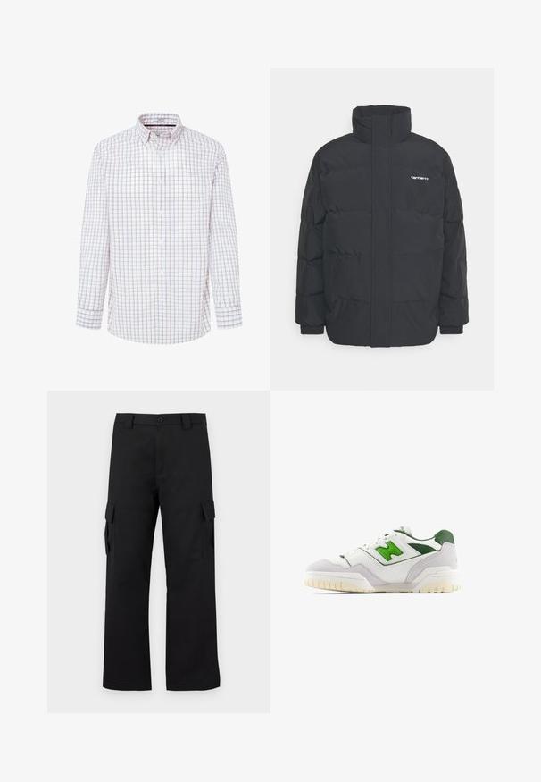 Musta puhvijaakku korkealla kauluksella, vetoketjukiinnitys edessä ja joustavat hihansuut. Varustettu taskulla ja pienellä logolla rintakehässä. Rakeinen pinta.; Valkoinen pitkähihaisessa paidassa on punainen ja sininen ruutukuosi. Napillinen kaulus, etupuolella napit ja napitettu hihansuu.; Musta cargo-housut suoralla lahkeella. Valmistettu kestävästä kankaasta, jossa on kaksi sivutaskua läppäkiinnityksellä ja nappisuljenta.; Valkoiset tennarit vihreillä yksityiskohdilla, valmistettu nahasta ja mokasta. Ominaisuuksiin kuuluu teksturoitu päällinen, pehmustettu varsi ja kumipohja, jossa näkyvät urat.