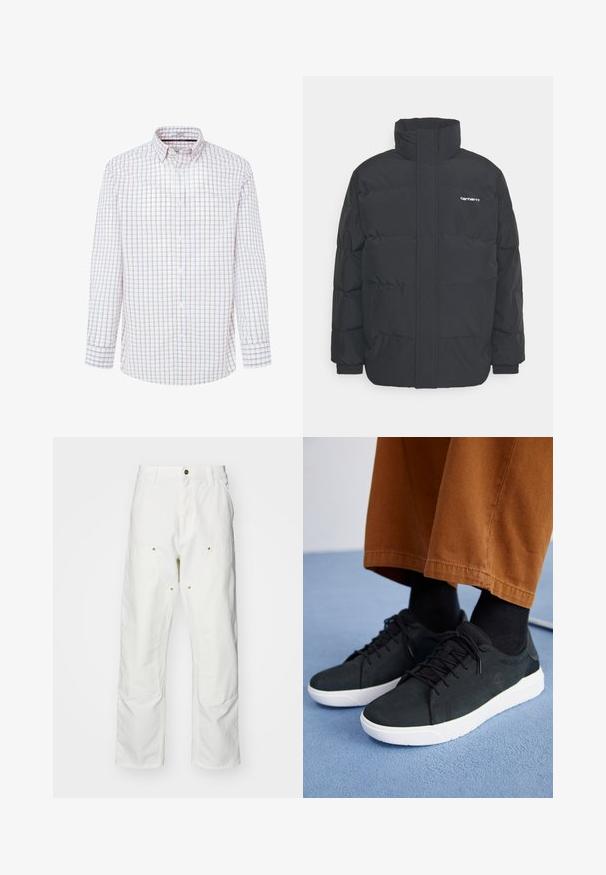 Giacca puffa nera con colletto alto, chiusura con zip frontale e polsini elastici. Presenta una tasca e un piccolo logo sul petto. Superficie testurizzata.; Camicia bianca a maniche lunghe con un motivo a griglia in rosso e blu. Collo classico con bottoni, patta anteriore con bottoni e polsini con bottoni.; Pantaloni cargo bianchi in cotone con vestibilità rilassata. Tra le caratteristiche ci sono tasche frontali, dettagli in metallo dorato e sezioni rinforzate sulle ginocchia.; Sneakers in suede nera con suole in gomma bianca, dotati di un design con lacci, accenti testurizzati e branding sottile, abbinati a pantaloni marroni.