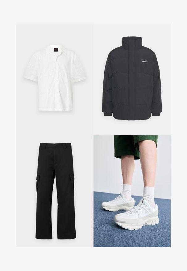 Juodas pūkinis švarkas su aukšta apykakle, užtrauktuku priekyje ir elastingomis rankovėmis. Yra kišenė ir mažas logotipas ant krūtinės. Tekstūruotas paviršius.; Trumpas rankovėmis, baltas mygtukais užsegamas marškinys su subtiliu geometriniu raštu, pagamintas iš lengvos medžiagos, su standartiniu apykakle ir priekiniais mygtukais.; Juodi cargo kelnės su tiesiu kojų dizainu. Pagamintos iš tvirto audinio, turi dvi šonines kišenes su užsegamais dangteliais ir mygtukų užtrauktuką.; Baltos sportinės bateliai su tekstūruotais uždengimais, masyviu padu ir pilkais akcentais. Dėvimi su baltais trumpais kojiniais ir žaliais šortais mėlyname paviršiuje.