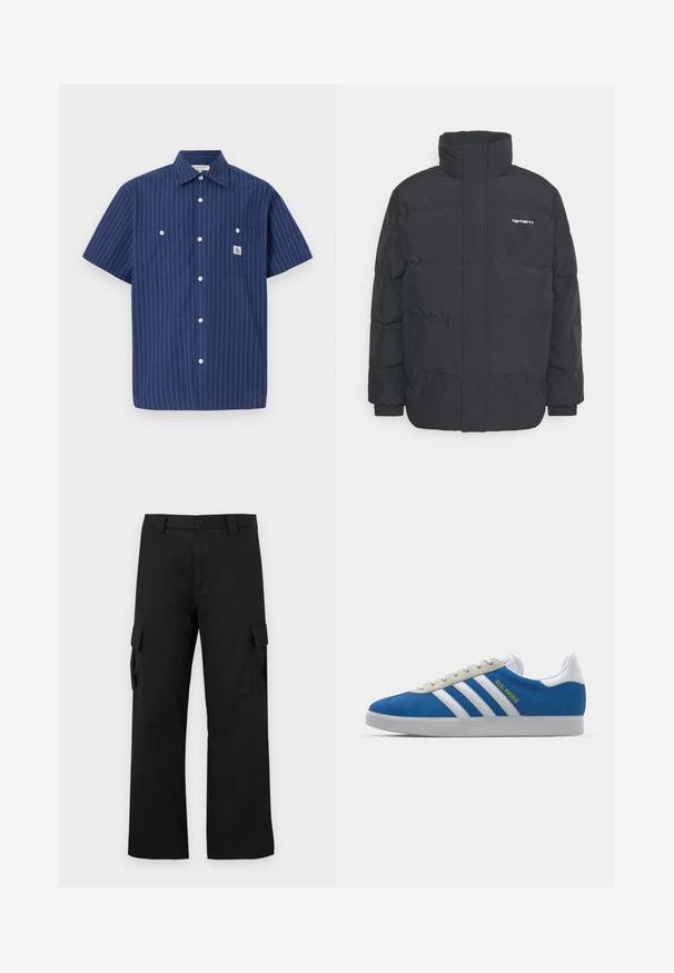 Casaco acolchoado preto com colarinho alto, fecho de correr à frente e punhos elásticos. Apresenta um bolso e um pequeno logótipo no peito. Superfície texturada.; Camisa de manga curta azul-marinho com riscas verticais brancas, dois bolsos no peito, frente com botões e um emblema no bolso esquerdo.; Calças cargo pretas com um design de perna reta. Feitas de um tecido durável, apresentam dois bolsos laterais com fechos de aba e um fecho de botão.; adidas Originals ADIDAS GAZELLE SHOES - Botas de futebol de salão - real madrid/bluebird/footwear white/crew yellow