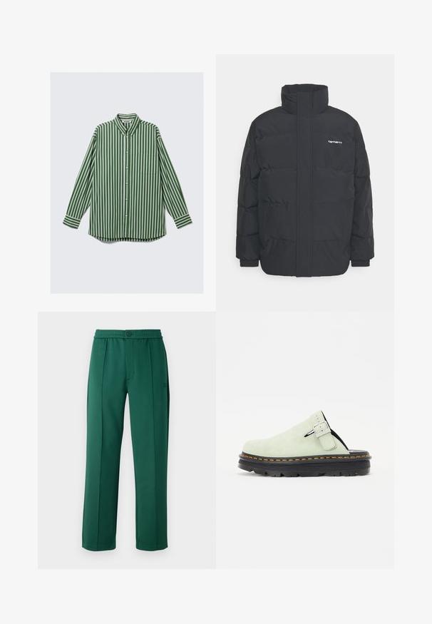 Juodas pūkinis švarkas su aukšta apykakle, užtrauktuku priekyje ir elastingomis rankovėmis. Yra kišenė ir mažas logotipas ant krūtinės. Tekstūruotas paviršius.; Vyriška ilgomis rankovėmis mygtukais užsegama marškinėliai su vertikaliomis žaliomis, baltomis ir ruda juostelėmis, priekinė krūtinės kišenė ir mygtukais užsegama apykakle.; Žalios poliesterio kelnės su laisvu siluetu, elastinga juosmens juosta, priekiniais raukiniais ir vienu mygtuko uždarymu. Lygus paviršius ir tiesių kojų dizainas.; Šviesiai žalios zomšinės klumpės su apvalia nosimi, reguliuojama sagtimi ir juodu tekstūruotu padu su oranžiniu siuvinėjimu.