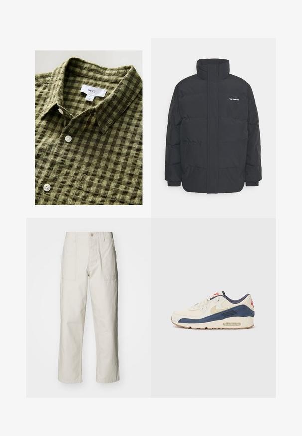 Mustam varrukas jope kõrge kaelusega, vipptõmblusega ja elastsete mansettidega. Omaduseks on tasku ja väike logo rinnal. Tekstuuritud pind.; Roheline ruuduline lühikese varrukaga särk, mis on valmistatud pehmest kangast, millel on nööbiga krae ja valged nööd. Särgil on küljes sild ja suurusetagi.; Heledbeez värvi laiad püksid, mis on valmistatud puuvillast. Omavad esi-taskuid ja nupuga sulgemist. Sile tekstuur, millel on õrnad vertikaalsed jooned.; Kreem nahk ja tumesinise nubukiga ülaosa, millel on nähtav õhksool, beež kummist välistald ja punane aktsent kanna peal.