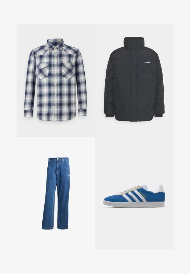 Casaco acolchoado preto com colarinho alto, fecho de correr à frente e punhos elásticos. Apresenta um bolso e um pequeno logótipo no peito. Superfície texturada.; Camisa de manga longa em padrão xadrez azul e branco, com dois bolsos no peito e fecho frontal de botões com detalhes em aço inoxidável.; Calças de ganga azul com cintura alta e perna larga, com bolsos frontais, passadores de cinto, fecho de botão e pequeno logótipo da Adidas na coxa direita.; adidas Originals ADIDAS GAZELLE SHOES - Botas de futebol de salão - real madrid/bluebird/footwear white/crew yellow